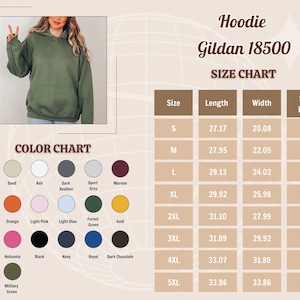 May include: Size chart for Gildan 18500 hoodies, showing measurements in inches for length, width, and sleeve length for sizes S through 5XL.  Color chart with 16 different color options.
