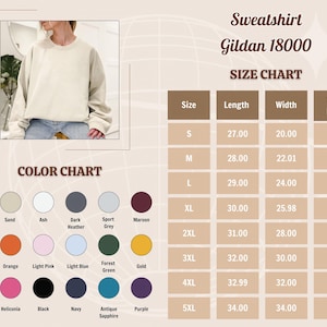 May include: Size chart for a Gildan 18000 sweatshirt, showing measurements in inches for length, width, and sleeve length for sizes S through 5XL. Color chart shows 18 different colors.