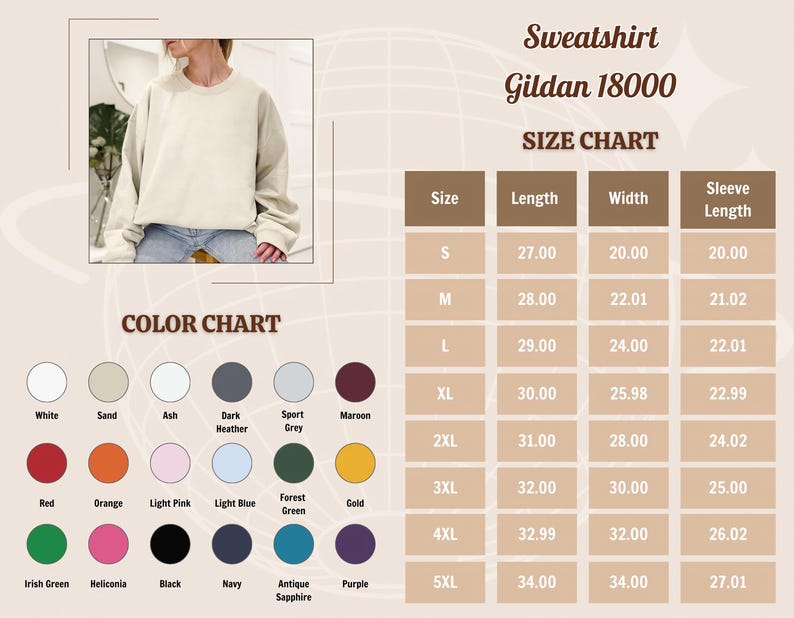 May include: Size chart for a Gildan 18000 sweatshirt, showing measurements in inches for length, width, and sleeve length for sizes S through 5XL. Color chart shows 18 different colors.