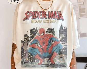 Maglietta vintage con copertina di fumetto di Spider-Man, top con fumetto di supereroe Marvel, maglietta grafica retrò Comfort Colors Spiderman Brand New Day, viaggio Disney