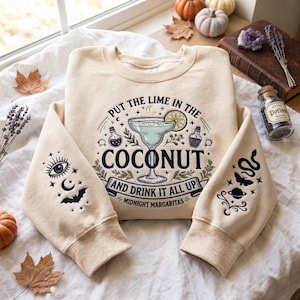 Broderad midnatts Margaritas-tröja, häxfilmströja med spöksäsong, retro Halloween-tröja med lime i kokosnöten