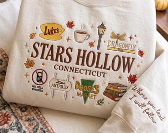 Sweatshirt met geborduurde Stars Hollow-print, Gilmore-geïnspireerde ronde hals, comfortabel geborduurd shirt voor de herfst, cadeau voor koffieliefhebbers uit Connecticut, cadeau voor Gilmore-fans