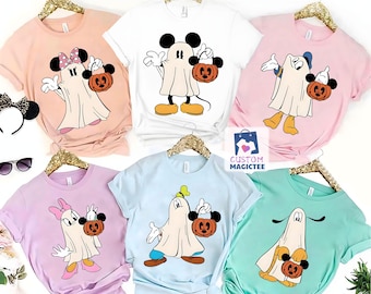 ミッキーのハロウィンパーティーシャツ、ディズニーキャラクターのハロウィンTシャツのカスタマイズ、ミッキーゴーストシャツ、ディズニーハロウィン旅行シャツ