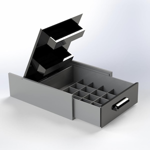 May include: A grey storage box with a drawer and a hinged lid. The lid has two compartments. The drawer has 16 compartments.