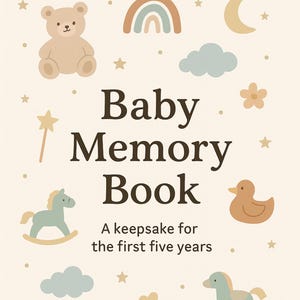 Op de afbeelding: Een baby-herinneringsboek met een crèmekleurige achtergrond, met illustraties van een teddybeer, regenboog, maan, sterren, wolken, bloemen, schommelpaarden en eenden. De tekst luidt "Baby Memory Book" en "A keepsake for the first five years."