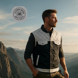 Men&#39;s Black Quilted Leather Vest with White Accents – Classic & Durable Casual Wear