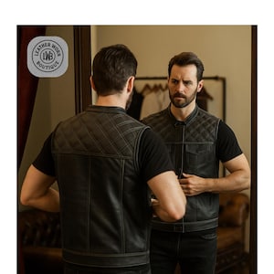Men’s Black Quilted Biker Vest – Premium Leather Motorcycle Club Vest with Checkered Lining, Classic Club-Style Cut for Riders & Enthusiasts