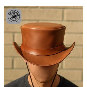 Handmade Tan Leather Top Hat – Western Cowboy Steampunk Festival Hat with Chin Straps | Vintage Victorian Costume Accessory