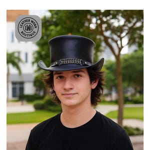 Black Leather Top Hat with Chain Band – Handmade Steampunk Biker Hat for Men – Festival Gothic Rocker Style Costume Hat