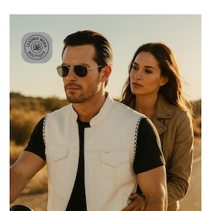 Men&#39;s White Utility Vest – Sleek Design with Black Patterned Accents, Motorcycle Vest, Men Motorcycle vest, Motorcycle Leather vest.