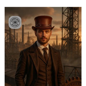 Brown Leather Steampunk Top Hat – Handmade Victorian Hat with Chains & Brass Rings – Cosplay, Gothic, Festival Wear