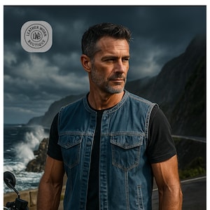 Light Blue Men’s Denim Biker Vest | Sleeveless Motorcycle Club Vest | Vintage Look Jean Vest for Riders | Casual Streetwear Layer