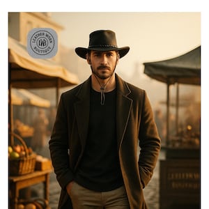 Black Leather Cowboy Hat – Handmade Western Outback Hat with Braided Band & Chin Strap. Durable Outdoor Hat for Men, Festival, Rodeo Wear