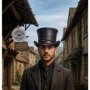 Black Leather Top Hat – Handmade Gothic Steampunk Hat with Curved Band, Eyelet Accent.Festival, Cosplay, Fantasy Fashion Hat for Men & Women