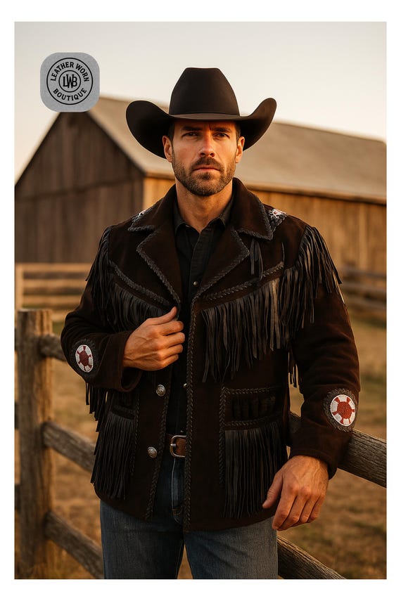 Jaqueta masculina estilo western com franjas de camurça: casaco de