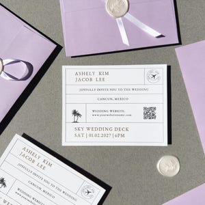 Convite para casamento no destino, convite para passagem de embarque - produto físico, convite móvel de cortesia, código QR RSVP (Inglês/Coroa)