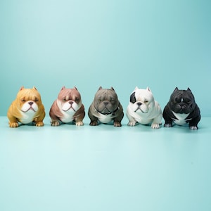 Könnte beinhalten: Fünf Bulldoggen-Figuren in einer Reihe, jede mit einer anderen Farbe und einem anderen Muster. Die Hunde sind in den Farbtönen Beige, Braun, Grau, Weiß und Schwarz gehalten. Sie sitzen alle mit ernstem Gesichtsausdruck da. Der Hintergrund ist einfarbig hellblau.