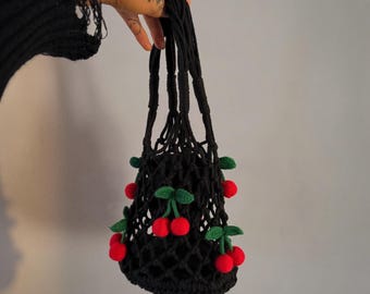 Cherry crochet woven slouch handbag wristlet