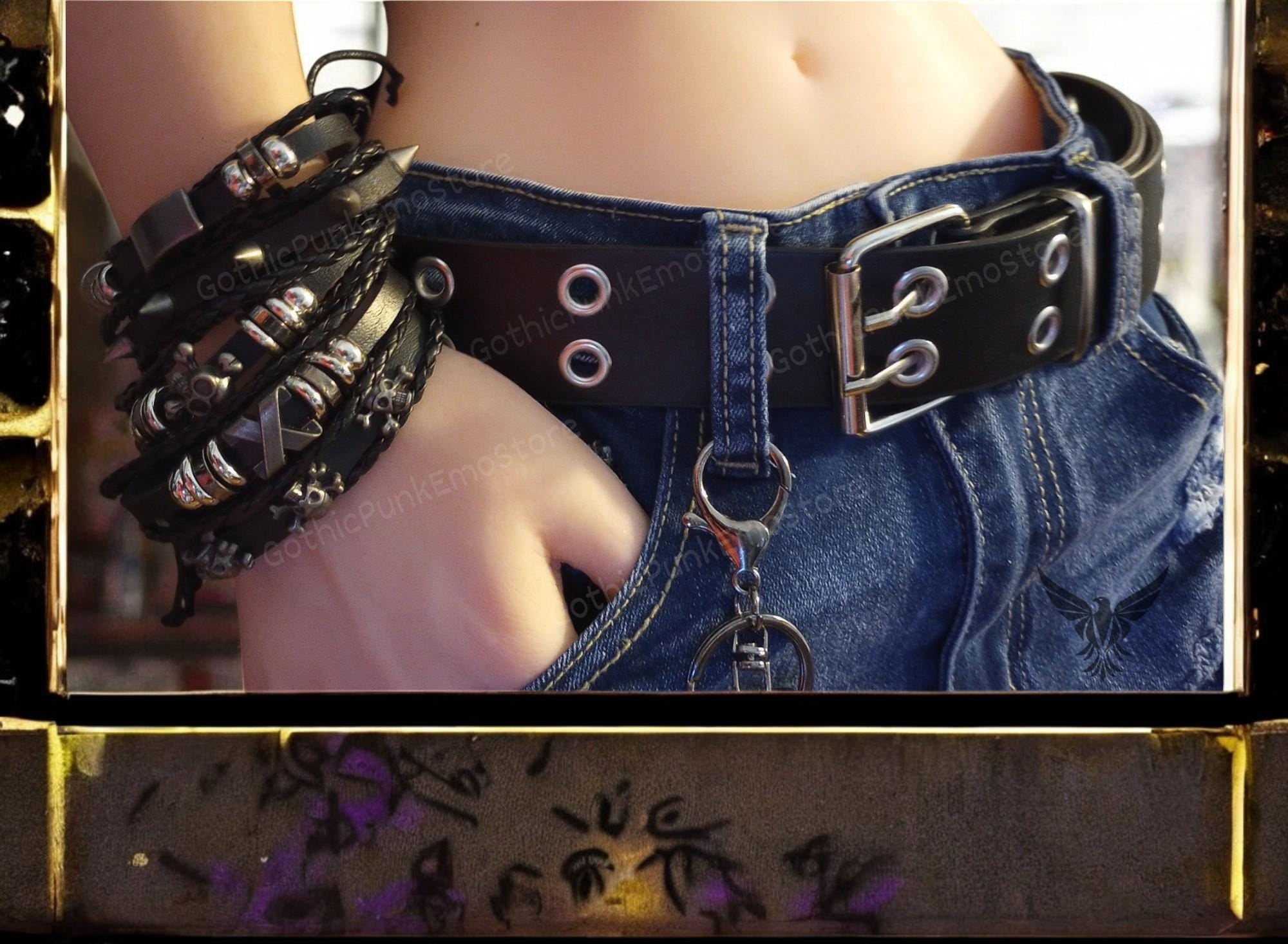 Yalice Double Grommet Leather Belts Star Studded Belt for Jeans Pants Punk Waist Our Grunge Punk 1pc Punk Star Studded Belt, Rivet Star Hole  main image 3