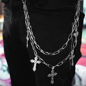 Cadena gótica cruzada de dos capas con anilla en O para billetera, cinturón y pantalones, estilo punk, gótico, grunge, años 90, alternativa para jeans, llavero, estilo motero, estilo urbano, hip hop.