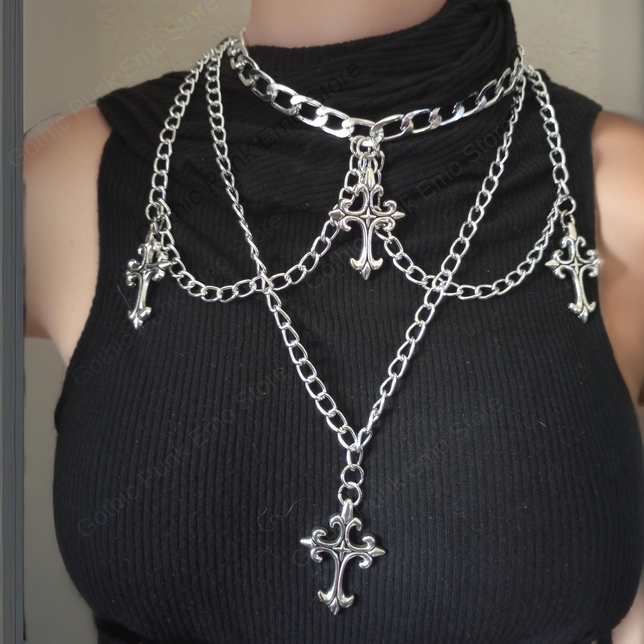 Y2K Gun Metal Multi Strand Statement Chain Belt/Necklace Whimsigoth Gothic Punk Pentagram Metal Belt, Costume Jewelry, Pentacle Waist Chain  main image 3