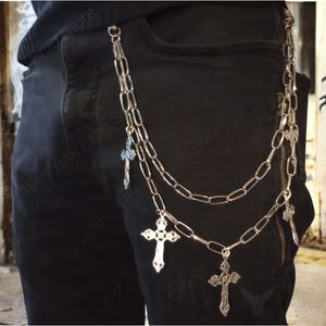 Cadena gótica cruzada de dos capas con anilla en O para billetera, cinturón y pantalones, estilo punk, gótico, grunge, años 90, alternativa para jeans, llavero, estilo motero, estilo urbano, hip hop.