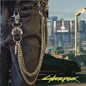 Pantalones Cyberpunk 2077 con cadena Edgerunner, cosplay, Night City, Anime, regalo, billetera gótica de metal pesado con pinchos, cinturón, pistola de balas, vaqueros, llaves emo, motociclista