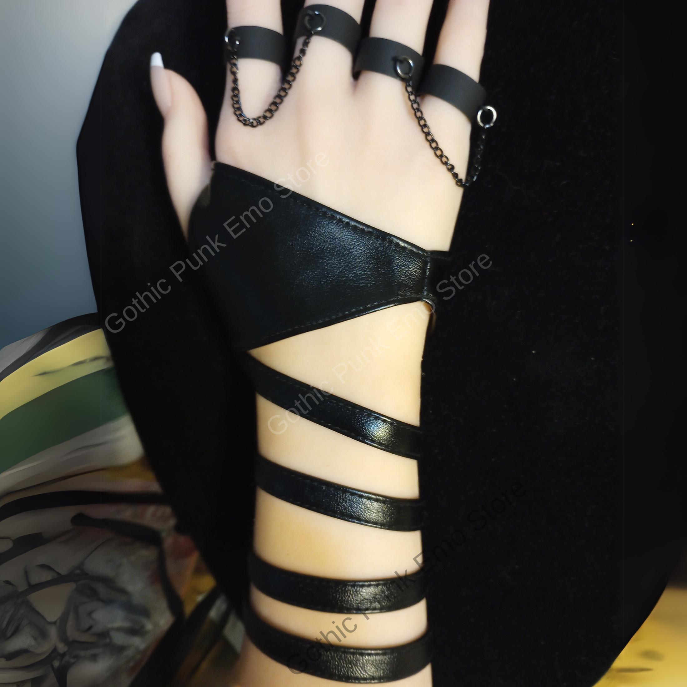 Gothic Punk Faux Leather Bracelet With Chain Rings - Y2K Emo