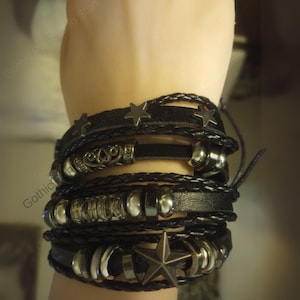 Star Astrology Emo Bracelet Rock Star Alternative Alt Gothic Bracelets Punk Rock y2k Grunge Spiked Adjustable Leather Black Silver