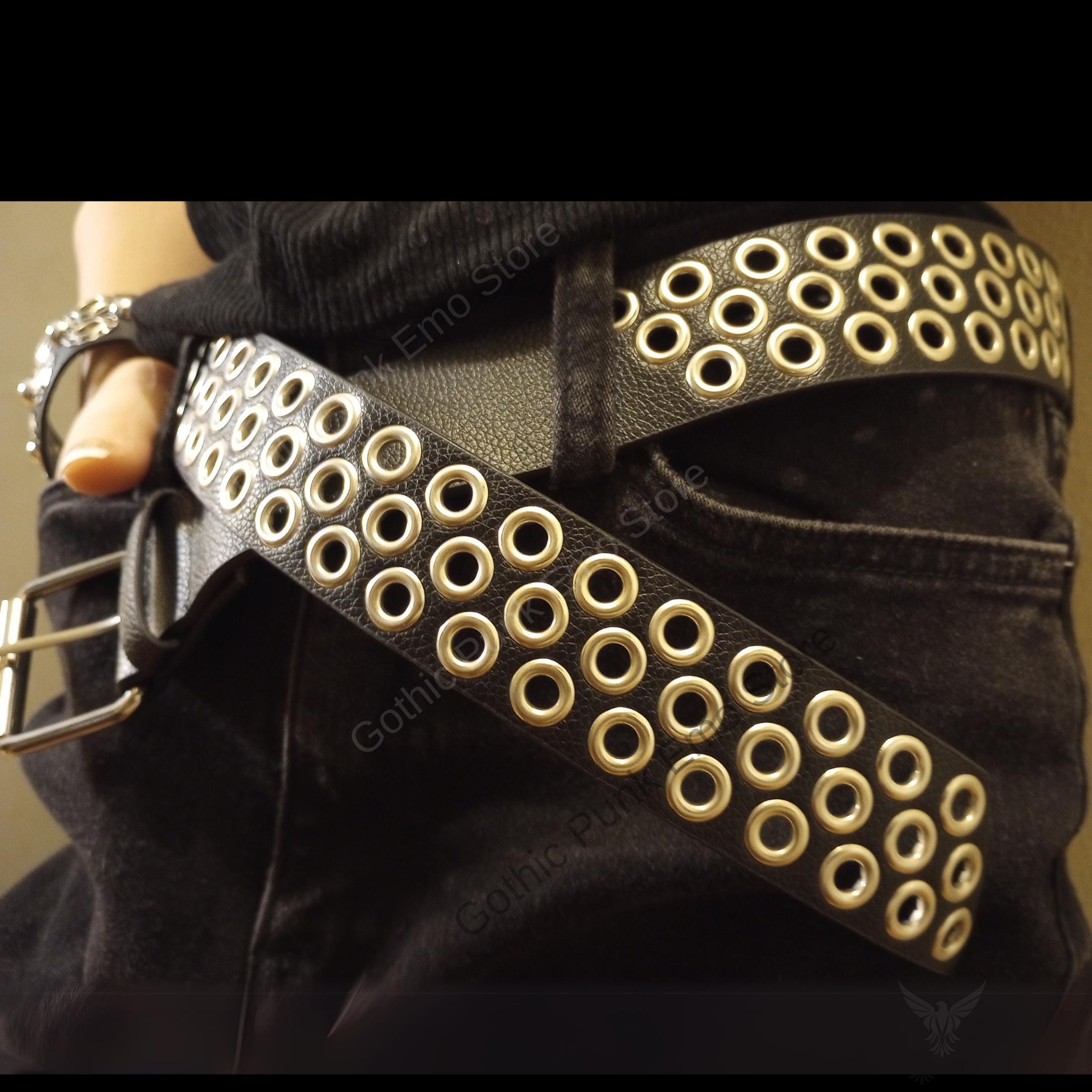 Black Grommet Vegan Leather Statement Belt macoking Grommet Belts for Women, Studded Black Belt for  main image 3