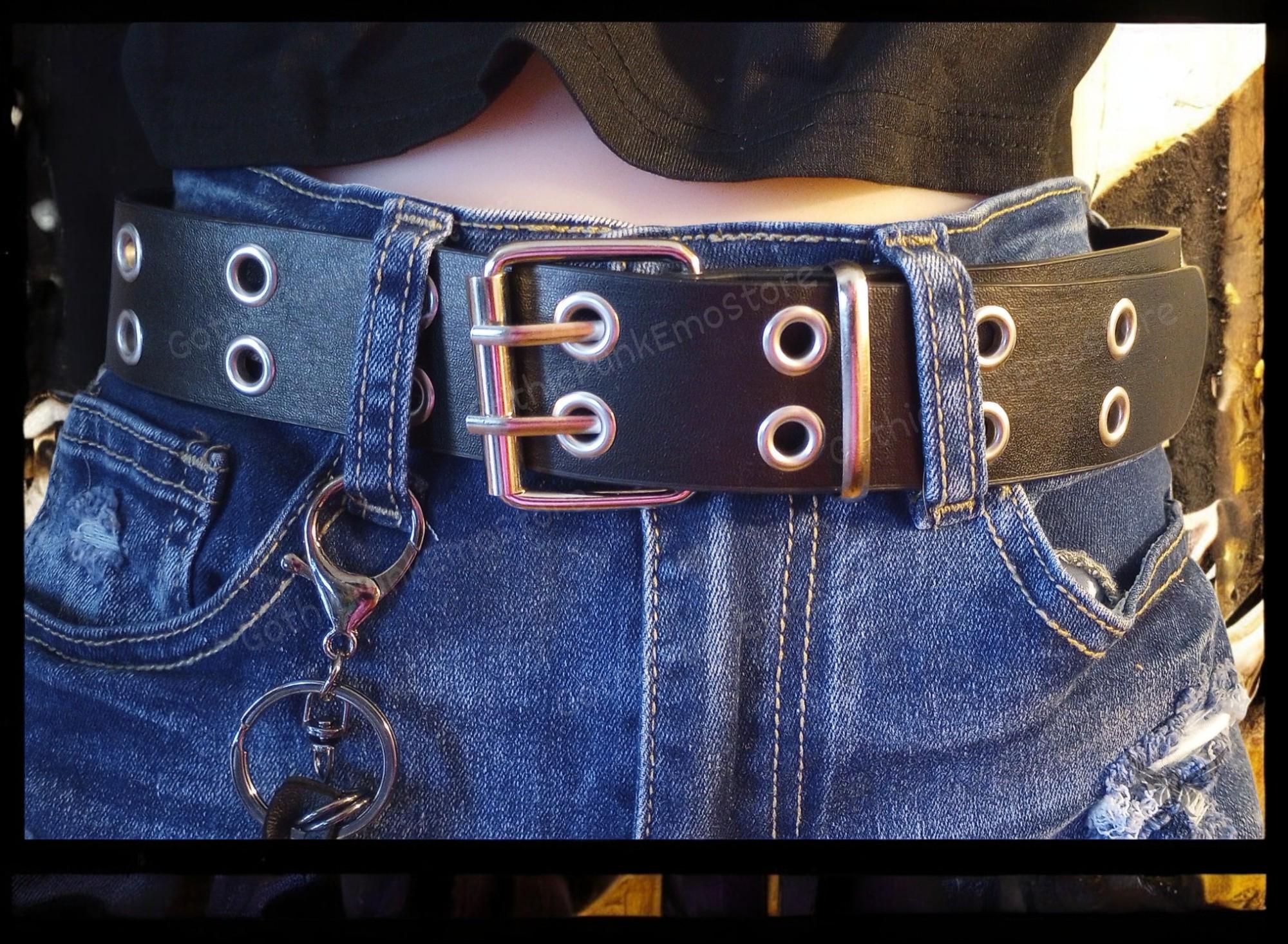 Double Grommet Black Belt: Gothic Punk Rock Studded Faux  display picture 3