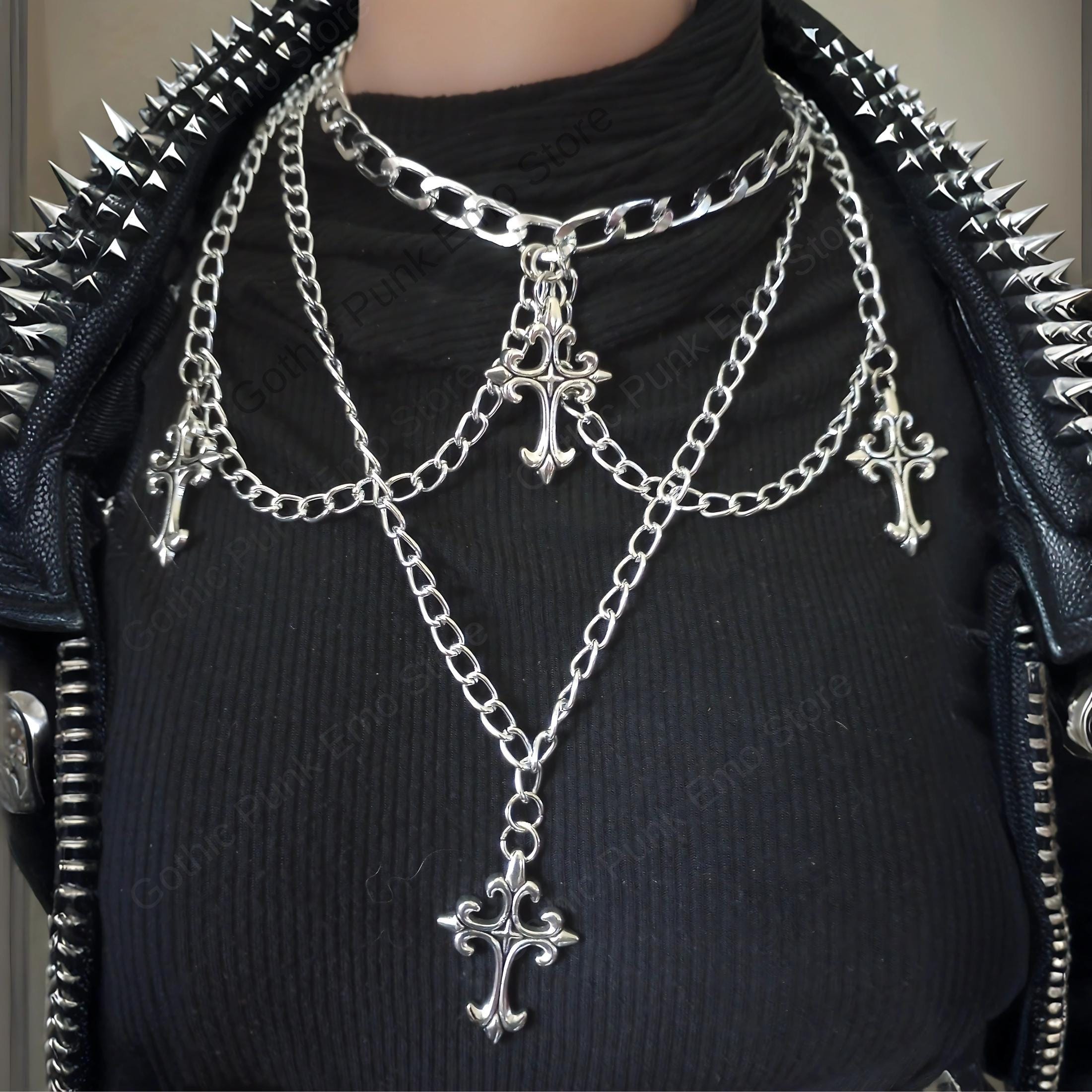 Layered Emo Punk Chain Necklace: Silver Wallet Jeans Biker Chain