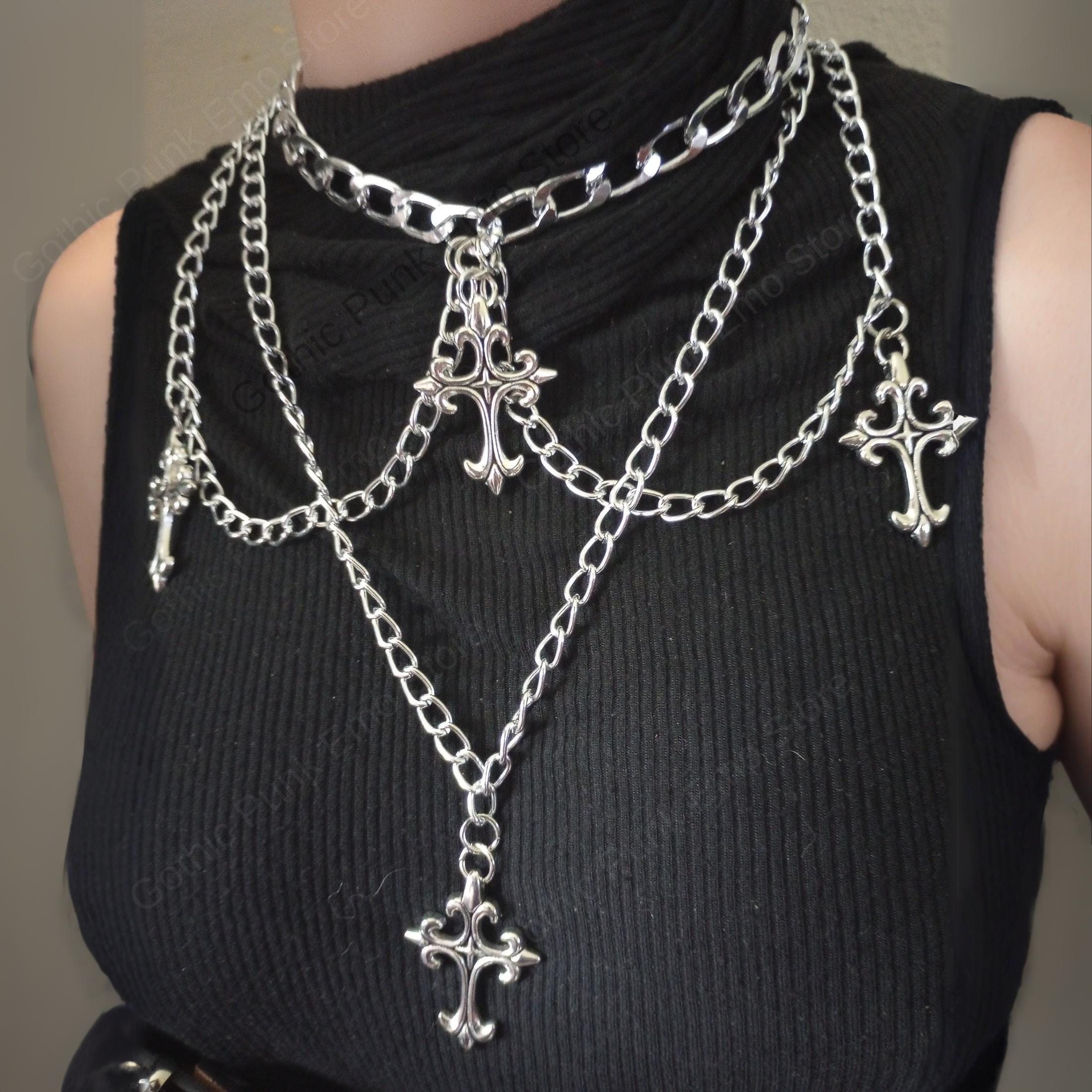 Layered Emo Punk Chain Necklace: Silver Wallet Jeans Biker Chain