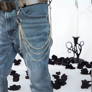 Cadena para cinturón y pantalones con anilla en forma de cruz gótica de 3 capas, estilo punk, gótico, grunge, años 90, estilo alternativo, para vaqueros, llavero, estilo hip hop y motero