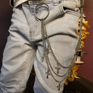 Cadena para cinturón y pantalones con anilla en forma de cruz gótica de 3 capas, estilo punk, gótico, grunge, años 90, estilo alternativo, para vaqueros, llavero, estilo hip hop y motero
