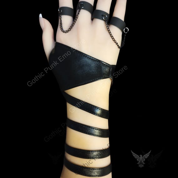 Gothic Punk Faux Leather Bracelet With Chain Rings - Y2K Emo
