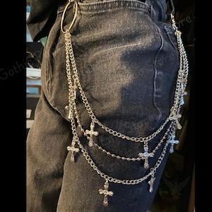 Cadena para cinturón y pantalones con anilla en forma de cruz gótica de 3 capas, estilo punk, gótico, grunge, años 90, estilo alternativo, para vaqueros, llavero, estilo hip hop y motero