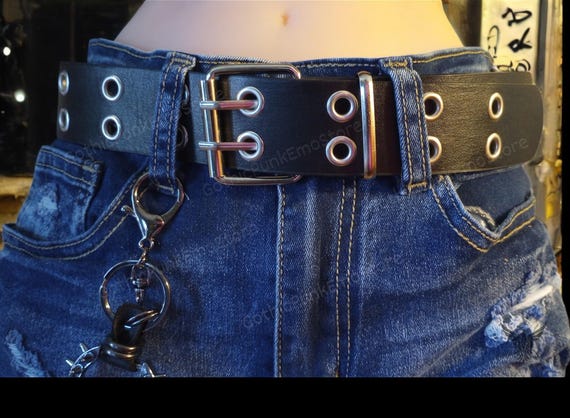 Double Grommet Black Belt: Gothic Punk Rock Studded Faux Leather