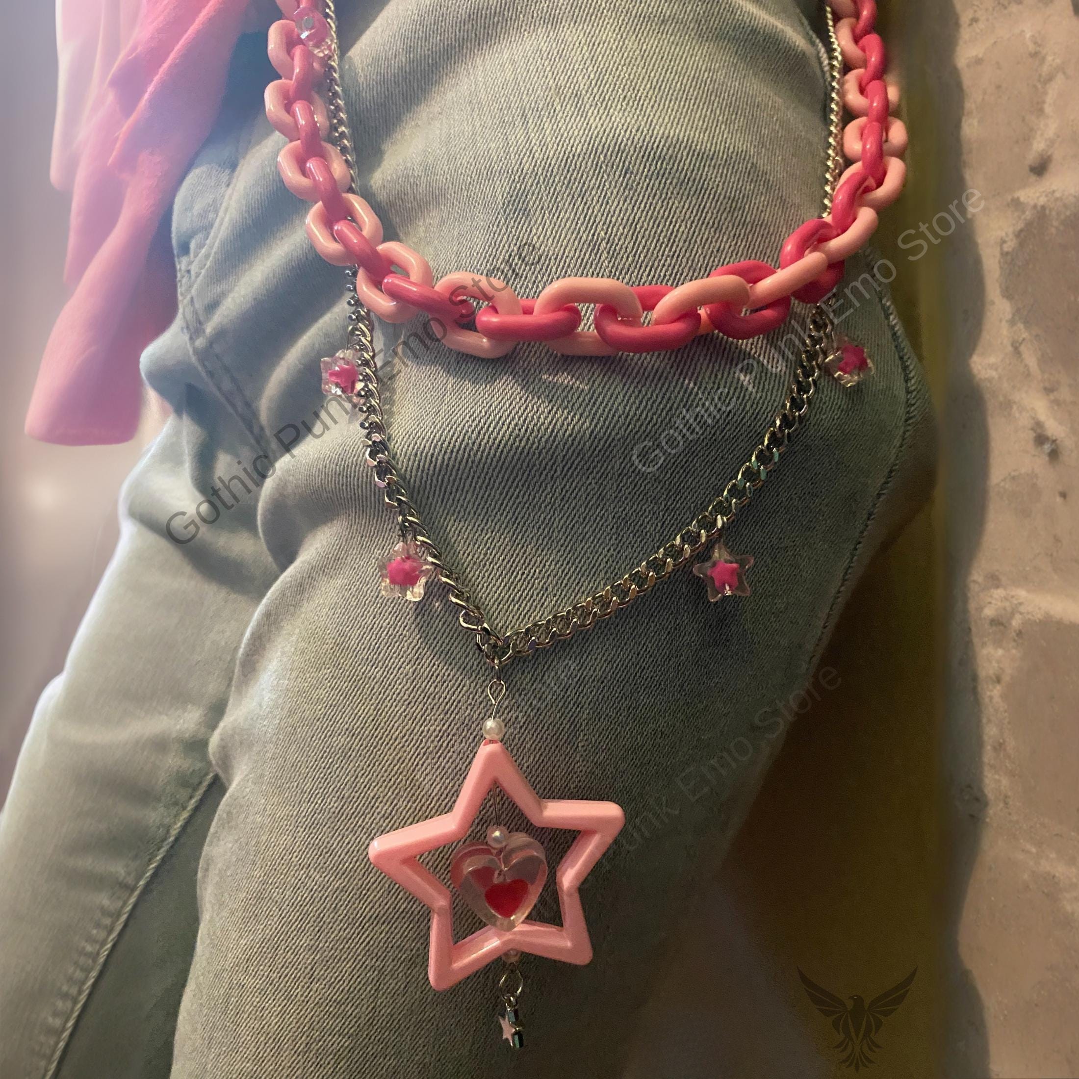Kawaii Hot Pink Pants Chain Emo Pastel Goth Rave Pony Festival Scene Kidcore Grunge Chunky Floating Charm Edm Anime Star Heart Link Chain