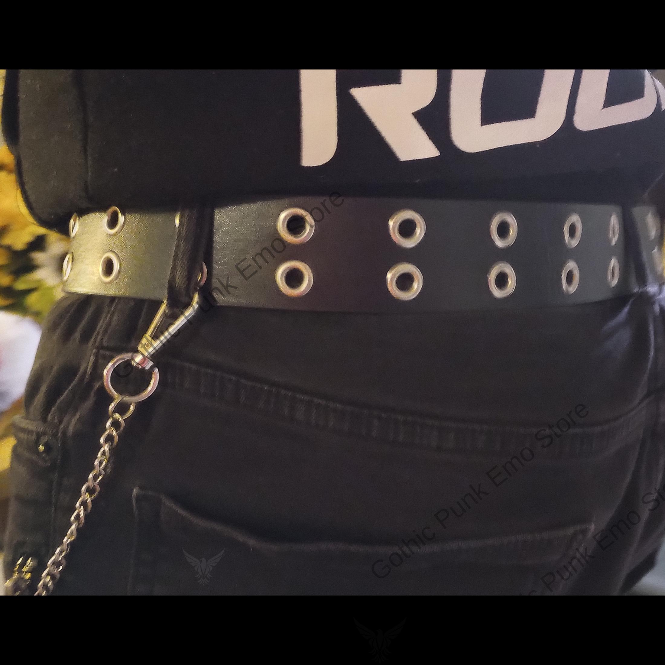 L.E.I. Black Double Grommet Belt Sz L Leather Lined Studded Punk‎ Emo Steampunk eYLun Double Grommet Leather Belt for Women Men Goth Studded  main image 4