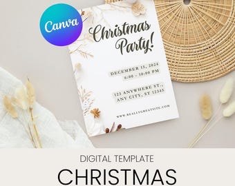 Op de afbeelding: Een digitaal sjabloon voor een kerstfeestuitnodiging. De uitnodiging heeft een witte achtergrond met bruine bloemillustraties en de tekst "Christmas Party!" in bruin cursief schrift. De tekst "December 15, 2024, 6:00 - 10:00 PM, 123 Anywhere St., Any City, ST 12345, www.reallygreatsite.com" is in zwart op een witte achtergrond gedrukt.