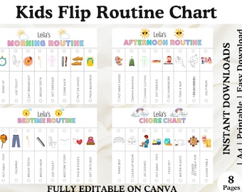 Kids Flip Routine Chart Editable Printable, Morning Evening Bedtime Flip Chart, Visual Schedule For kids Toddler Chore Chart Canva PDF