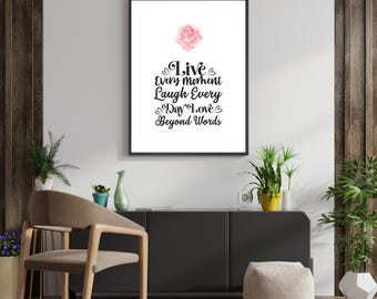 Live Laugh Love Digital Print, Pink Rose, Inspirational Quote, Instant Download, Floral Art