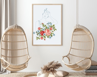 Floral Woman Line Art Print | Modern Feminine Decor (Digital Download)