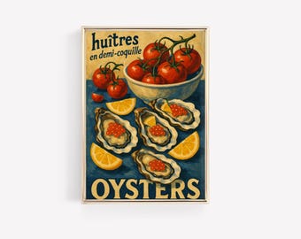 Plakat z jedzeniem w stylu vintage, wystrój kuchni, wydruk z ostrygami i pomidorami, sztuka kulinarna na ścianę, plakat z jedzeniem w stylu retro, wystrój domu wiejskiego