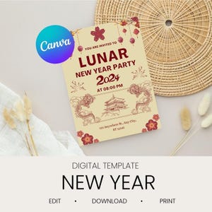 Modelo de cartão de convite de ano novo / Celebração / Convite para festa de ano novo / Convite digital / Download instantâneo / Modelo Canva / Editável