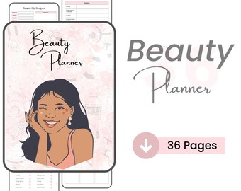 May include: A pink and white digital planner with the text "Beauty Planner" and an illustration of a woman with brown skin and long black hair. The planner has 36 pages and is available for instant download.