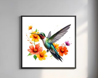 Hummingbird Floral Art Print | Vibrant Nature Illustration (Digital Download)