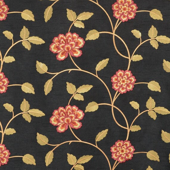 Isabella Black Red Floral Curtain Fabric Etsy