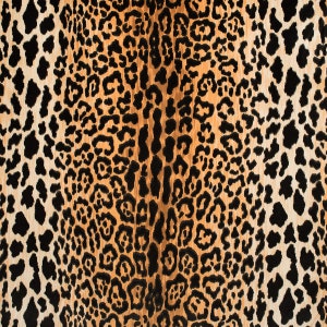 May include: A close-up of a fabric with a leopard print pattern. The fabric is brown, black, and white.